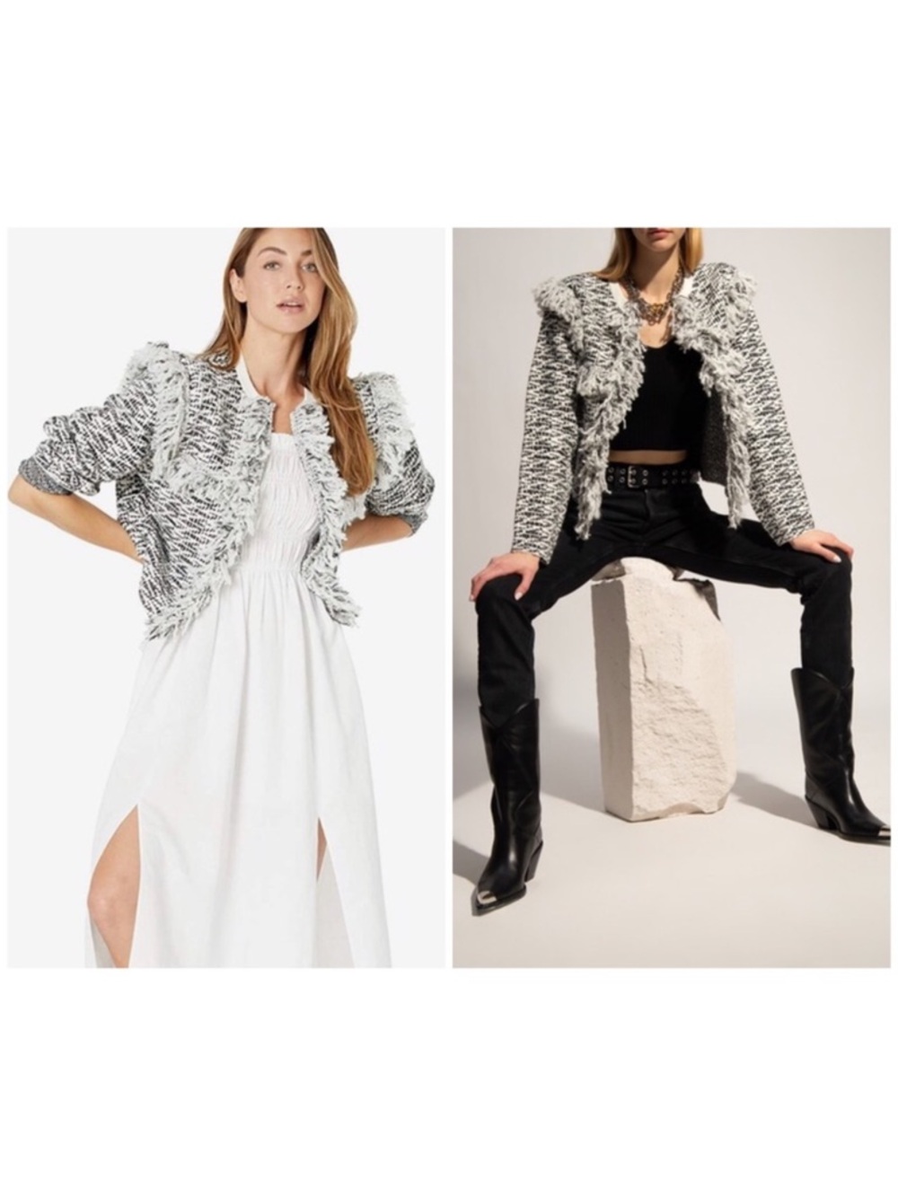 ALLSAINTS | Fringe Tweed Wool Alpaca Blend Black White Fringe Jacket Large